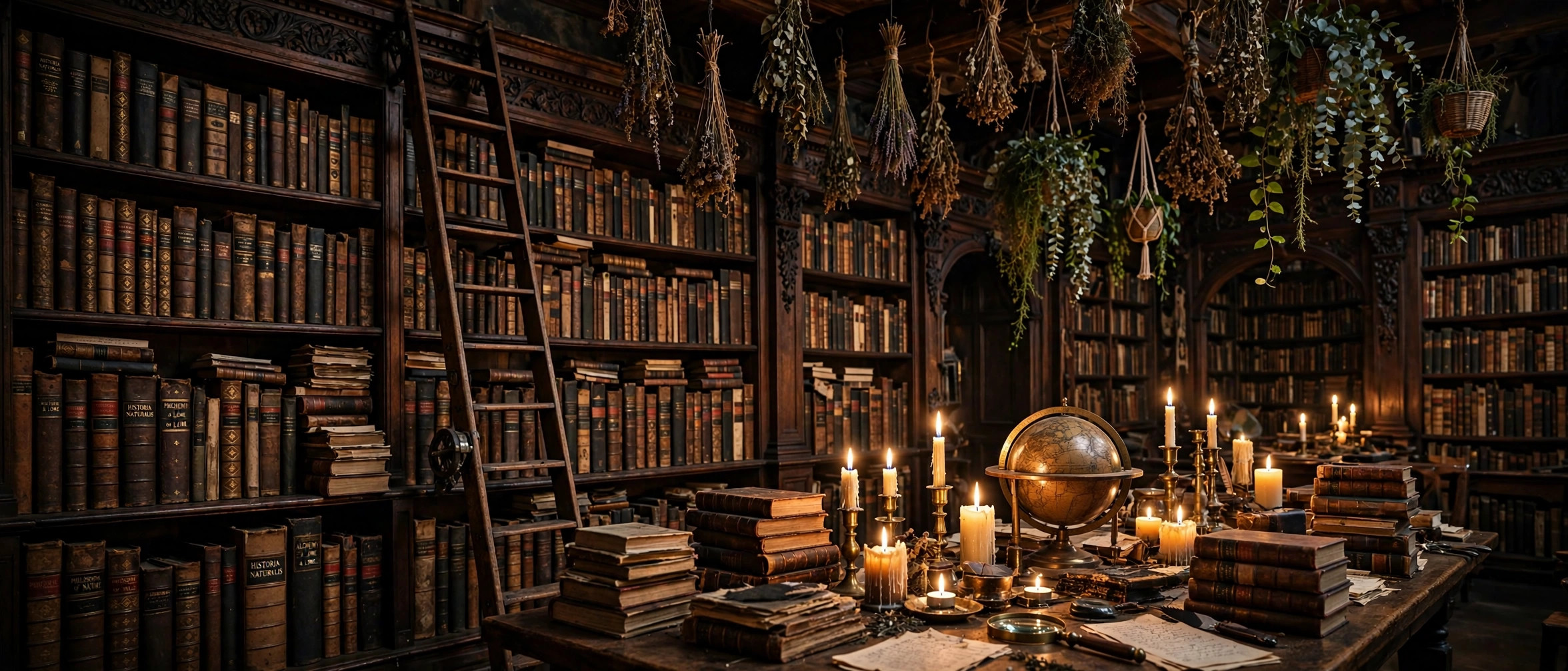 A candlelit archive: tall shelves of old books, a rolling ladder, and warm lamplight