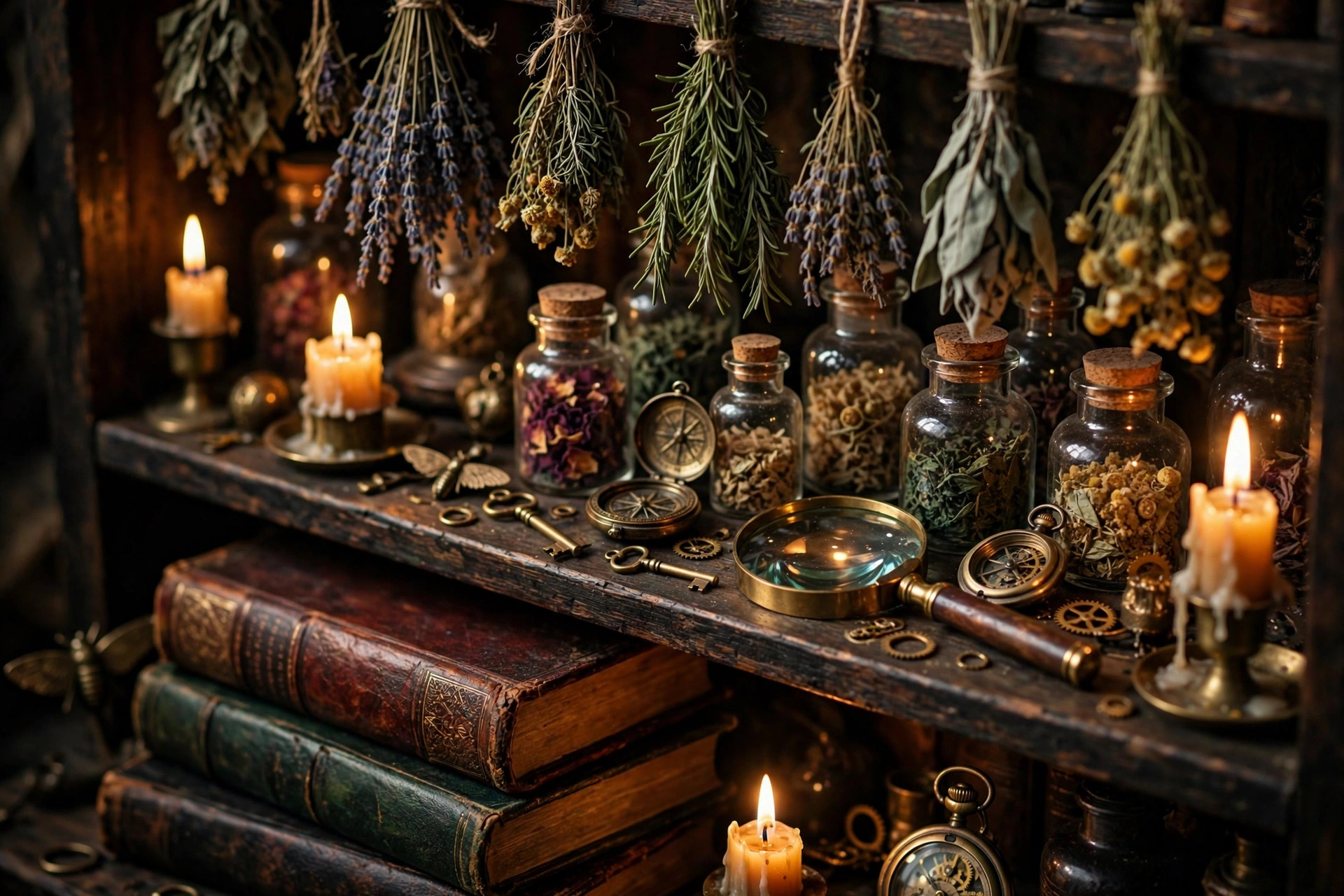 A candlelit shelf of old books, brass, and curios in warm light