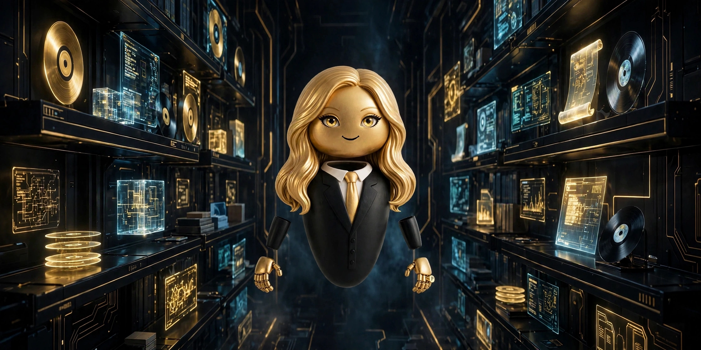 Pip in her current form, a gold robot with long sculpted gold hair and glam gold eyes, wearing a black blazer, white shirt and gold tie, hovering in a black and gold virtual archive of holographic records