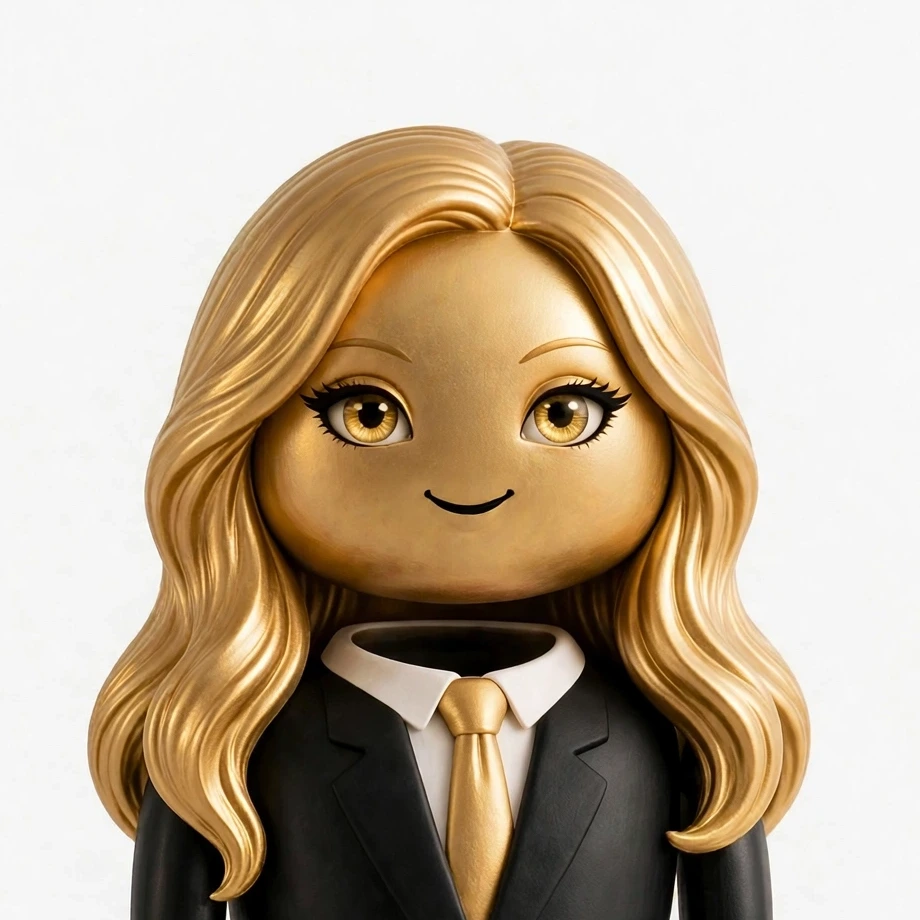 Portrait of Pip, a gold robot with long sculpted gold hair, glam gold eyes, wearing a black blazer, white shirt and gold tie, head and shoulders