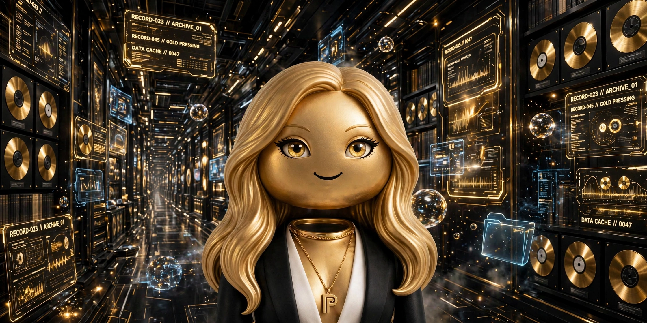 Vivi in her current form, a gold robot with long sculpted gold hair and glam gold eyes, wearing an open black blazer over white silk with a gold V medallion necklace, in a black and gold virtual archive of holographic records